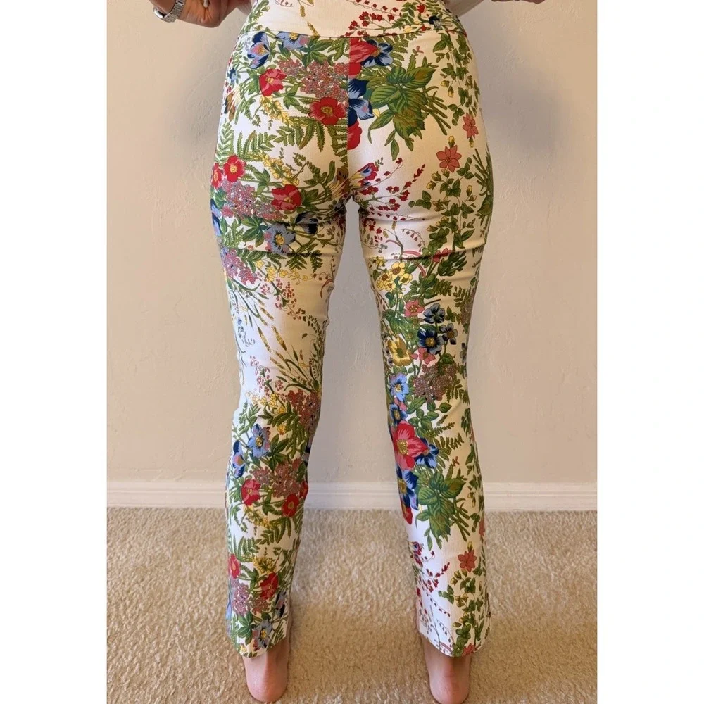 Up! Floral Print Stretch Ankle Pants Straight Leg White Multicolor‎ size 2